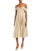 Off-the-shoulder Bustier Cotton-linen Tea-length Cocktail Dress