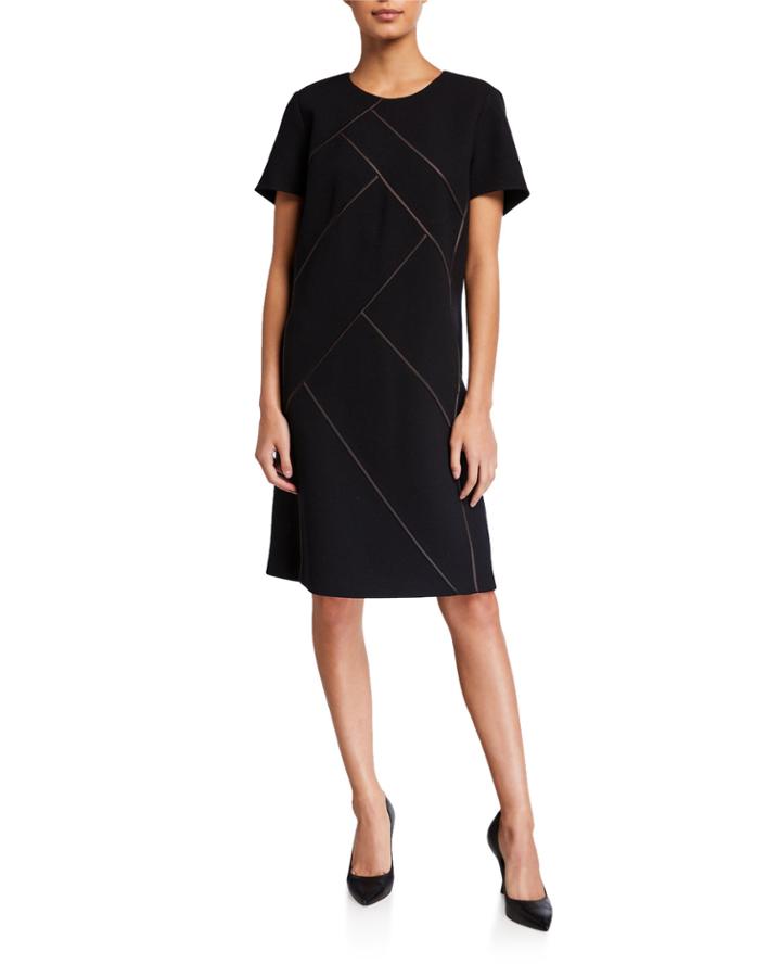 Henora Short-sleeve Crewneck A-line Wool Dress W/ Charmeuse Piping