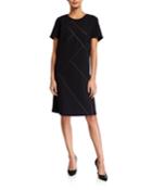 Henora Short-sleeve Crewneck A-line Wool Dress W/ Charmeuse Piping
