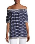 Floral-embroidered Off-the-shoulder Blouse, Blue/white