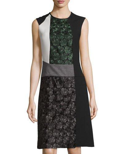 Sleeveless Lace-panel Dress, Green/gray