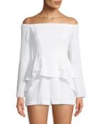 Woven Cold-shoulder Romper W/ Overlay