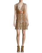 Sleeveless Ruffled-hem Dress, Caramel/multi