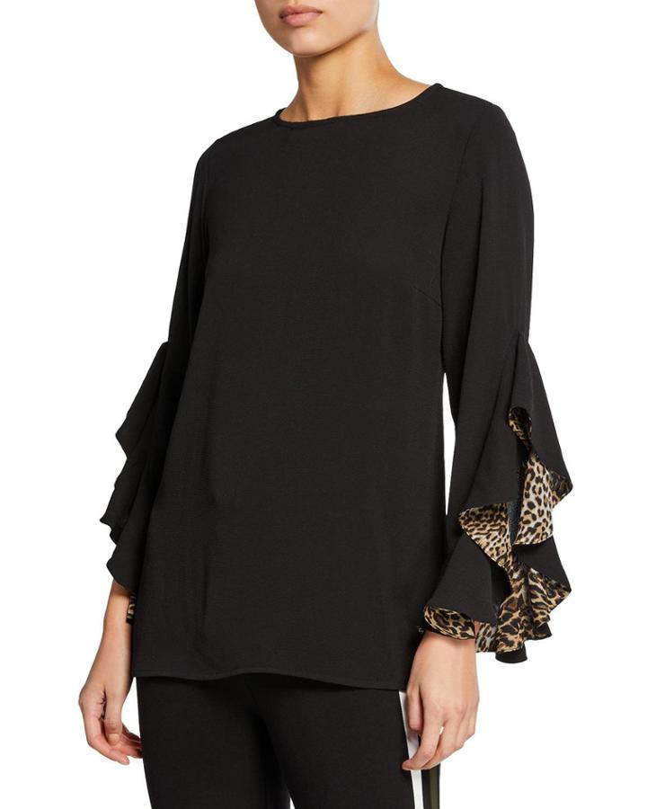 Leopard Trim Ruffle-sleeve Blouse