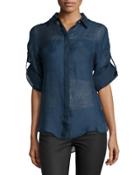 Long-sleeve Button-front Blouse, Blue