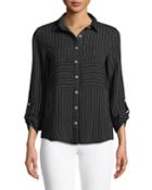 Striped Button-front Blouse With Roll-up