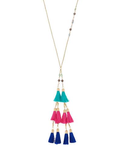 Long Beaded Tassel Necklace, Blue/pink
