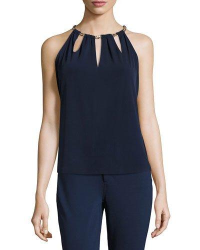 Chain Halter Keyhole Top, Navy