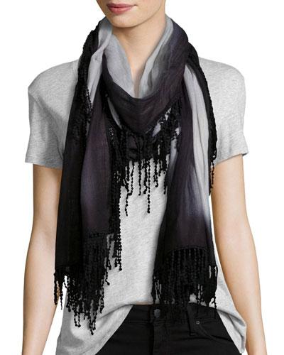 Ball-fringed Wrap Scarf, Ivory/gray