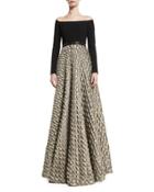 Off-the-shoulder Jersey & Satin Jacquard Gown, Black/gold