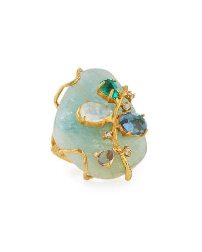 Golden Aquamarine Gemstone Cluster Cocktail Ring