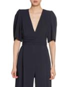 Puff-sleeve V-neck Jumpsuit