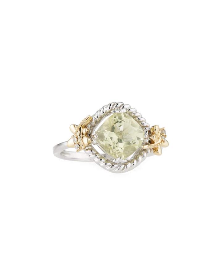 Green Amethyst Cushion & Diamond Ring,