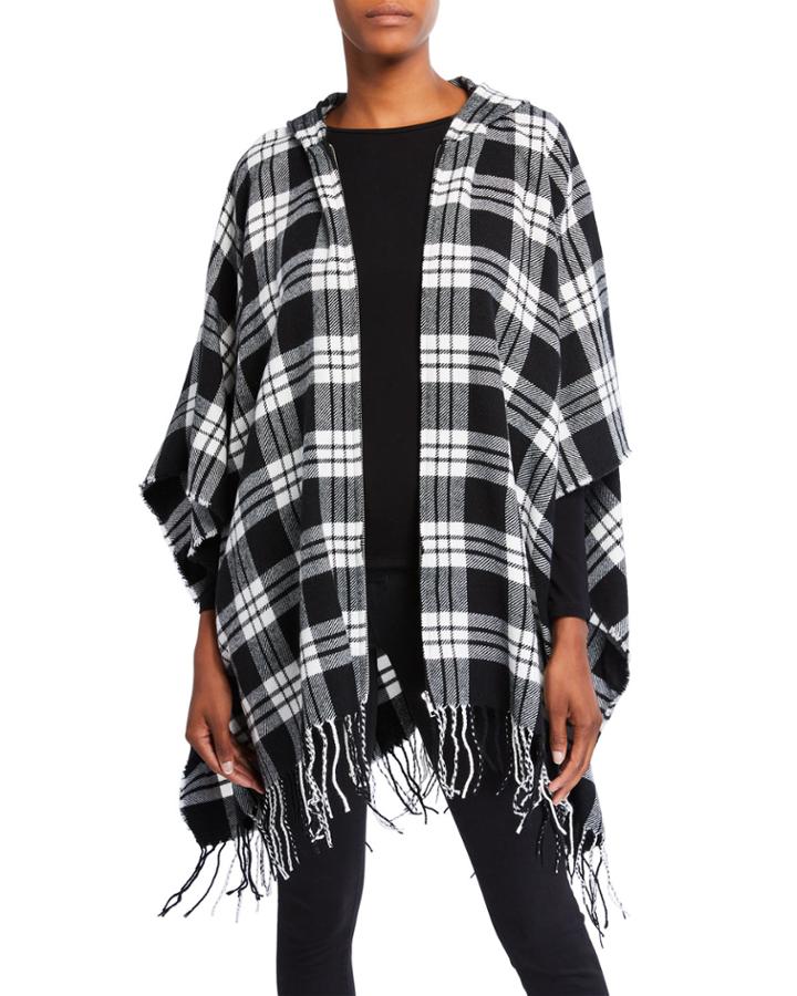 Hooded Plaid Zip-up Poncho