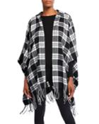 Hooded Plaid Zip-up Poncho