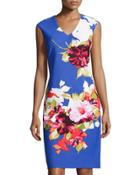 V-neck Sleeveless Sheath Dress, Blue Pattern