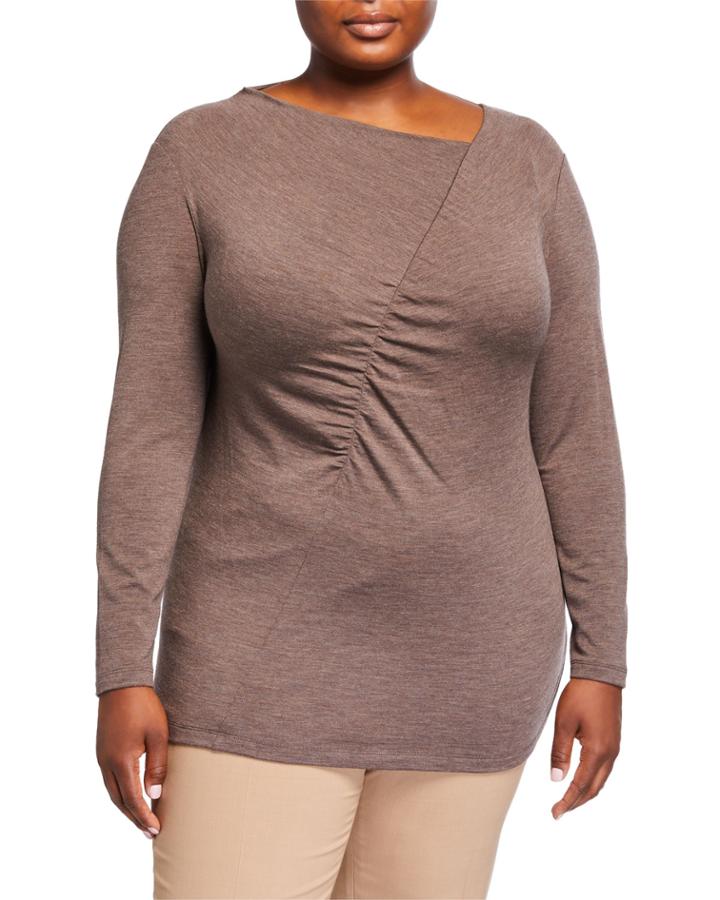 Plus Size Long-sleeve Asymmetric Shirred Wool-blend Top