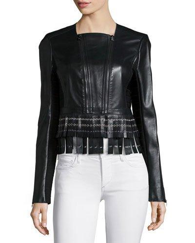 Leather Fringe Zip Jacket, Black