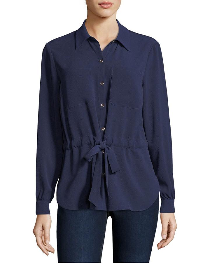Elastic Waist Button-down Blouse
