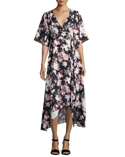 Floral-print Crepe Wrap Dress, Black Pattern