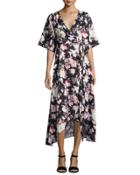 Floral-print Crepe Wrap Dress, Black Pattern