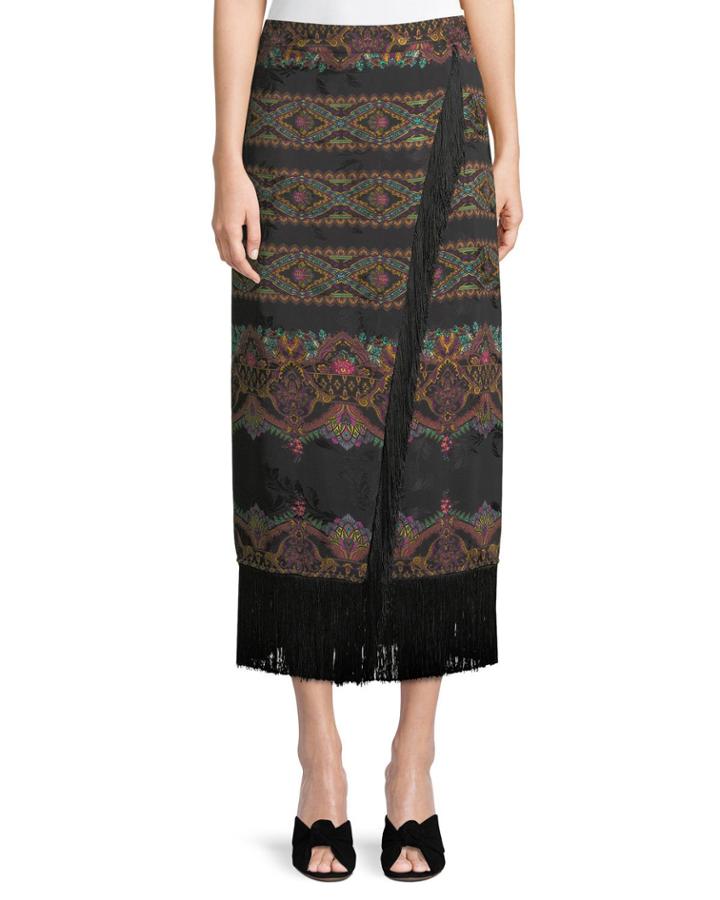 A-line Paisley-print Wrap Skirt W/ Fringe