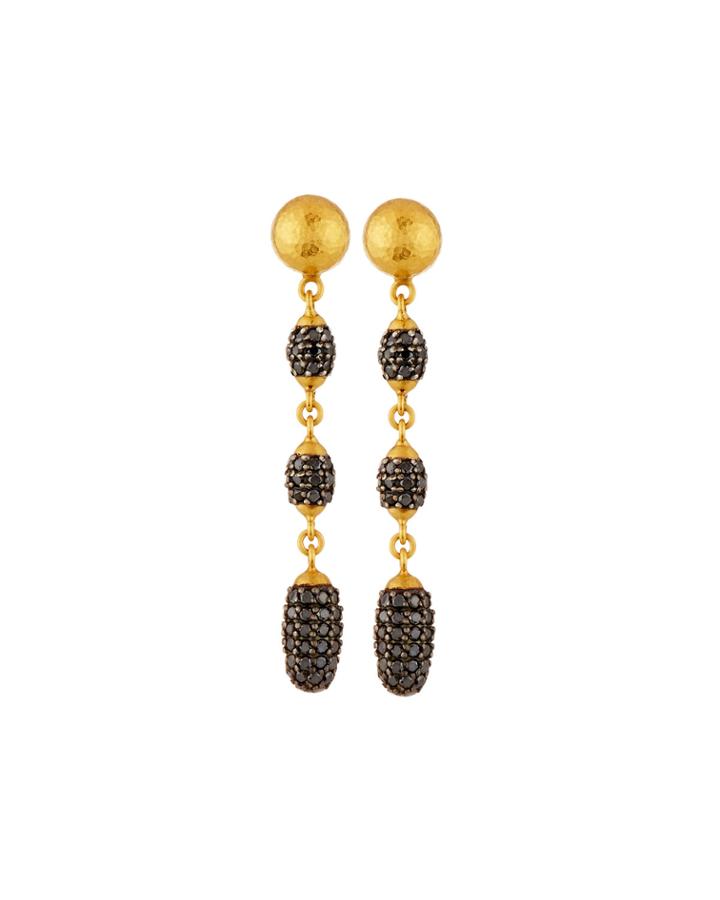 24k Small Cocoon Black Diamond Pav&eacute; 3-drop Earrings