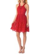 Fit-and-flare Lace Overlay Dress, Red