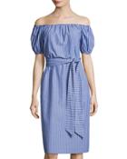 Emma Off-the-shoulder Striped Dress, Blue/white