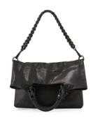 Iara Leather Fold-over Crossbody Tote Bag, Black