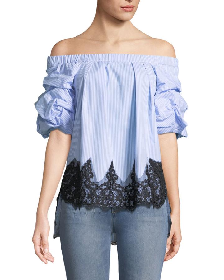 Striped Off-the-shoulder Lace-hem Blouse