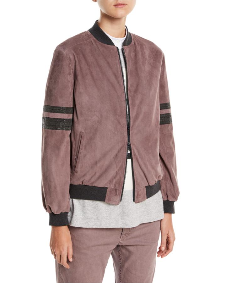 Suede Zip-front Bomber Jacket With