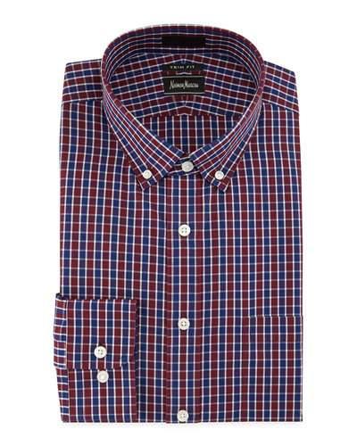 Trim-fit No-iron Check Dress Shirt, Burgundy/navy