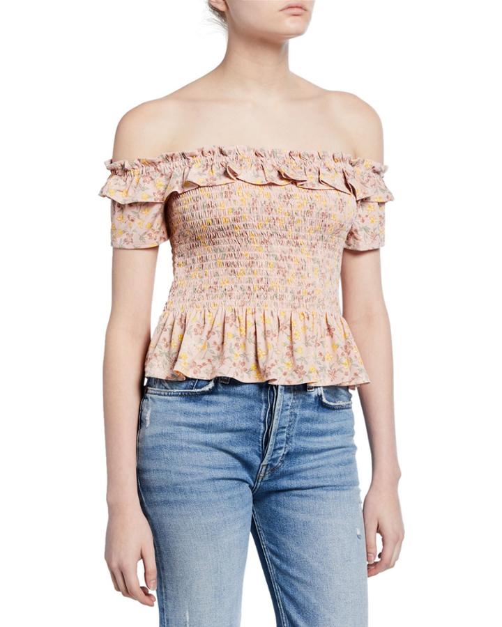 Floral Smocked Off-the-shoulder Short-sleeve Ruffle Top