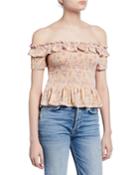 Floral Smocked Off-the-shoulder Short-sleeve Ruffle Top