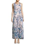 Floral-print Chiffon Maxi Dress, White/blue