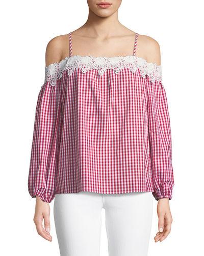 Lace-trim Cold-shoulder Gingham Blouse