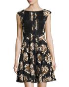 Fit-and-flare Floral-print Scuba Dress, Black