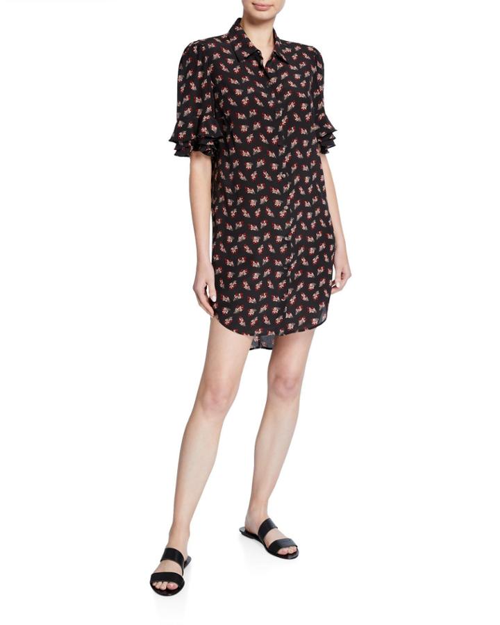 Printed Button-front Ruffle-sleeve Silk