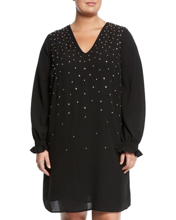 Long-sleeve Scatter-studded Shift Dress,