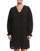 Long-sleeve Scatter-studded Shift Dress,