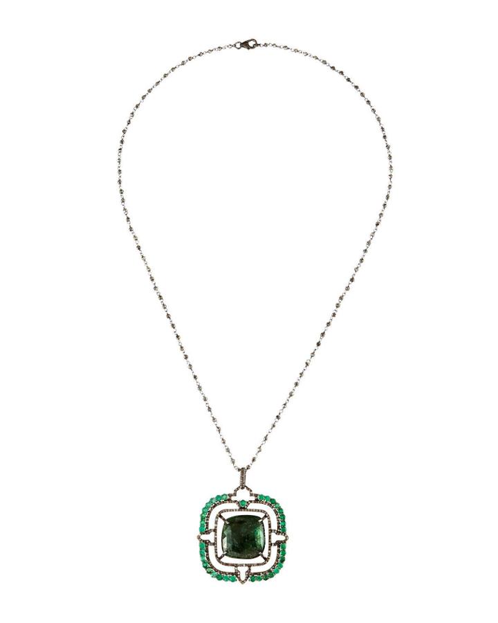 Square Emerald & Diamond Pave Pendant Necklace