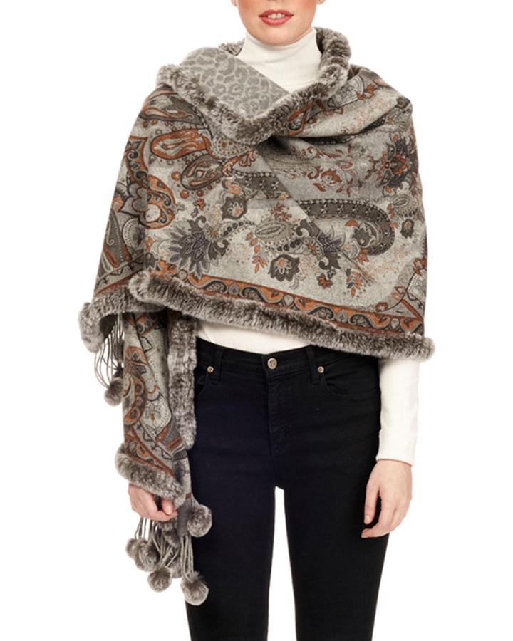 Double-face Snowtop Wool Stole W/ Rabbit Fur Pompoms