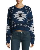 Long-sleeve Tribal-print Crop Sweater, Indigo
