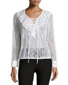 Ruffle-front Lace Blouse, Ivory