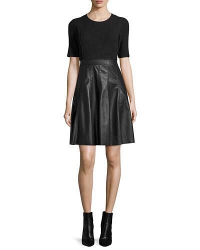 Knit & Vegan Leather Dress, Black