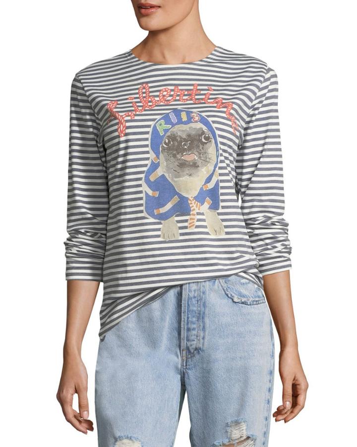 Striped Pug Printed Long-sleeve T-shirt