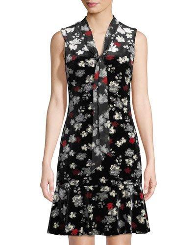 Pindot Velvet Tie-neck Dress