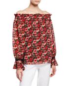 Floral Off-the-shoulder Ruffle Blouse, Red