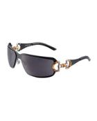 Rectangular Shield Sunglasses W/ Horsebit Temples, Black